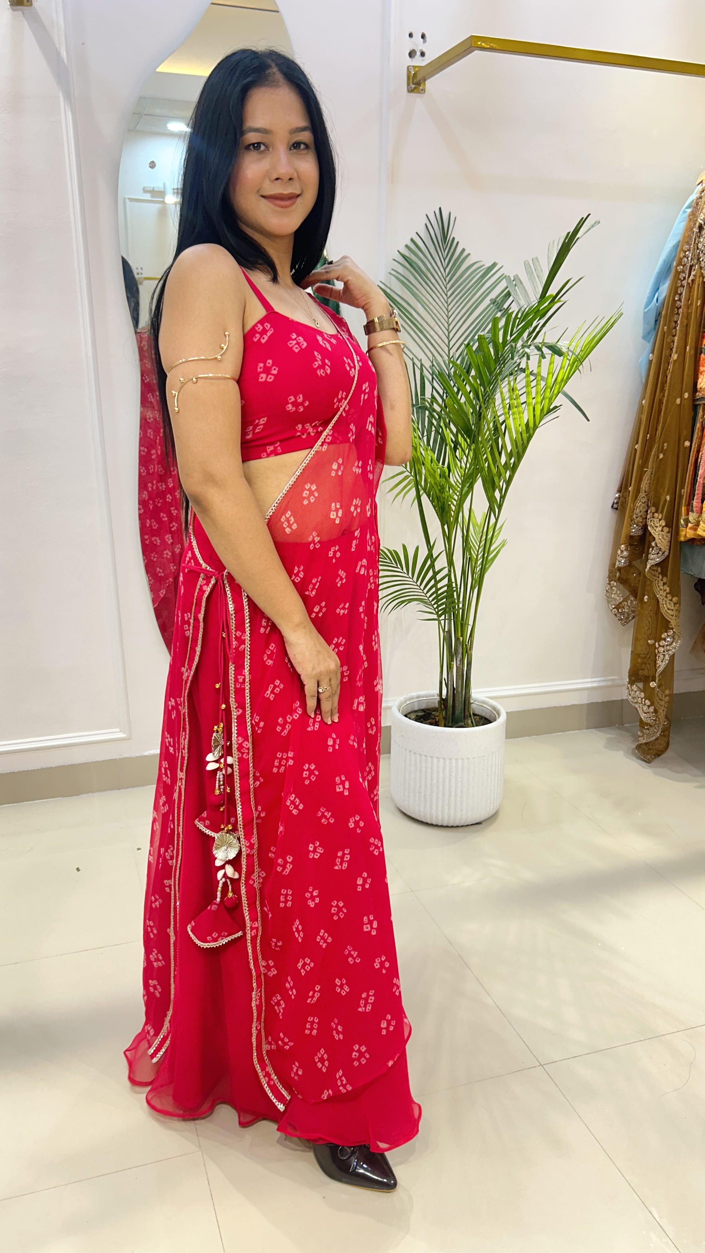 Red Bandhej Half Kaftan Bustier Set with Georgette Umbrella Palazzo