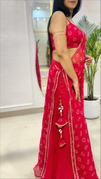 Red Bandhej Half Kaftan Bustier Set with Georgette Umbrella Palazzo