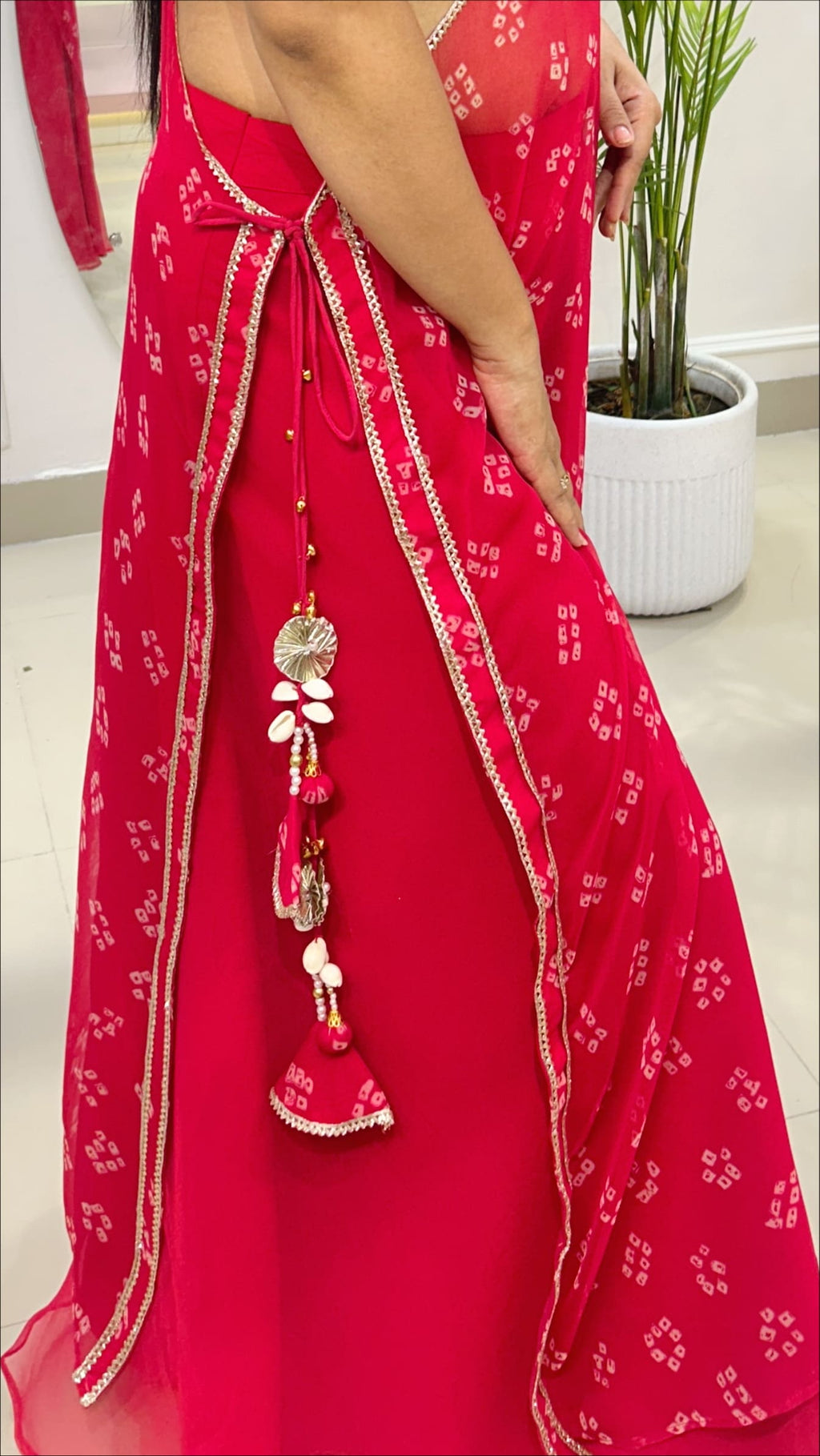 Red Bandhej Half Kaftan Bustier Set with Georgette Umbrella Palazzo