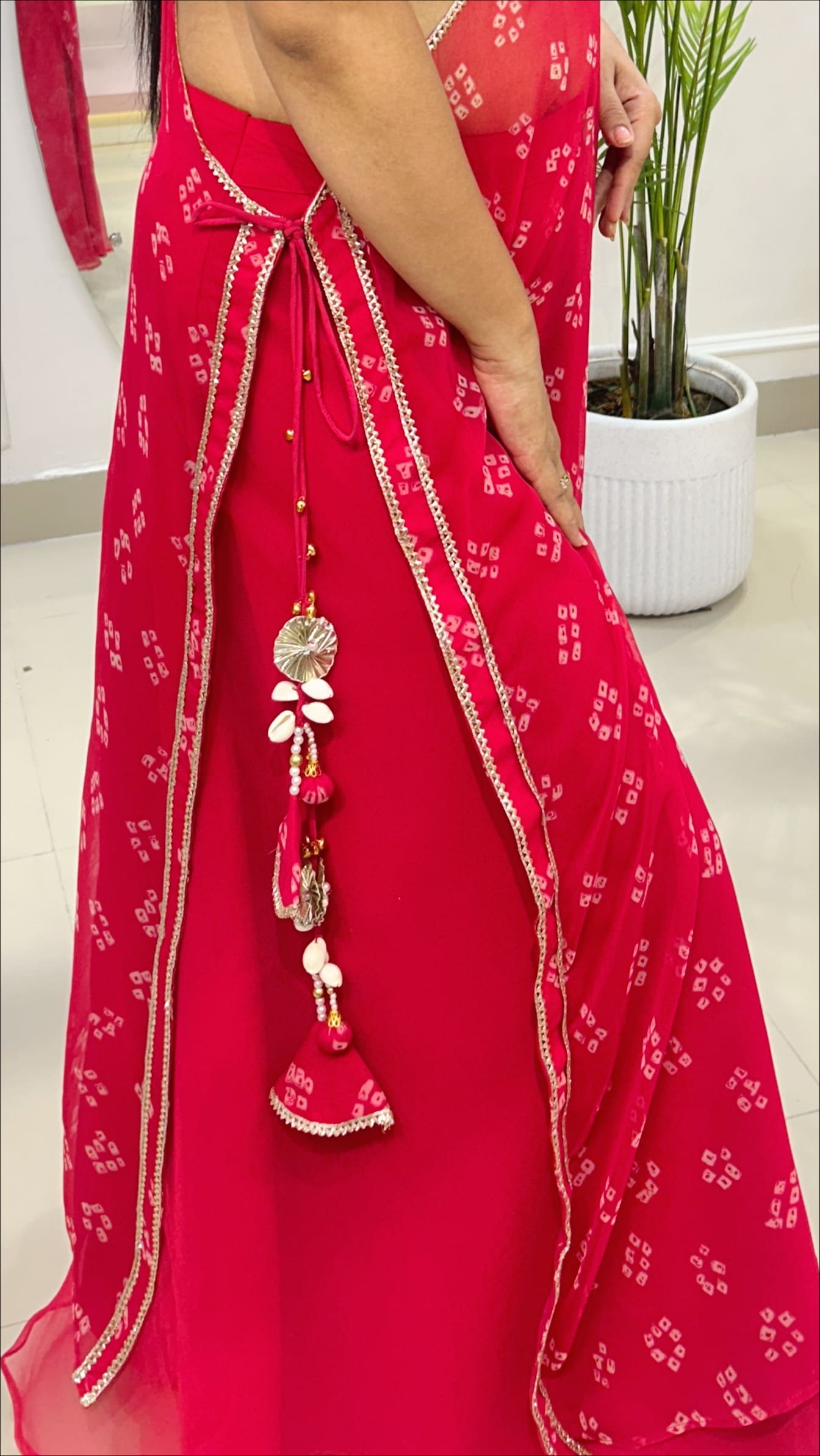 Red Bandhej Half Kaftan Bustier Set with Georgette Umbrella Palazzo