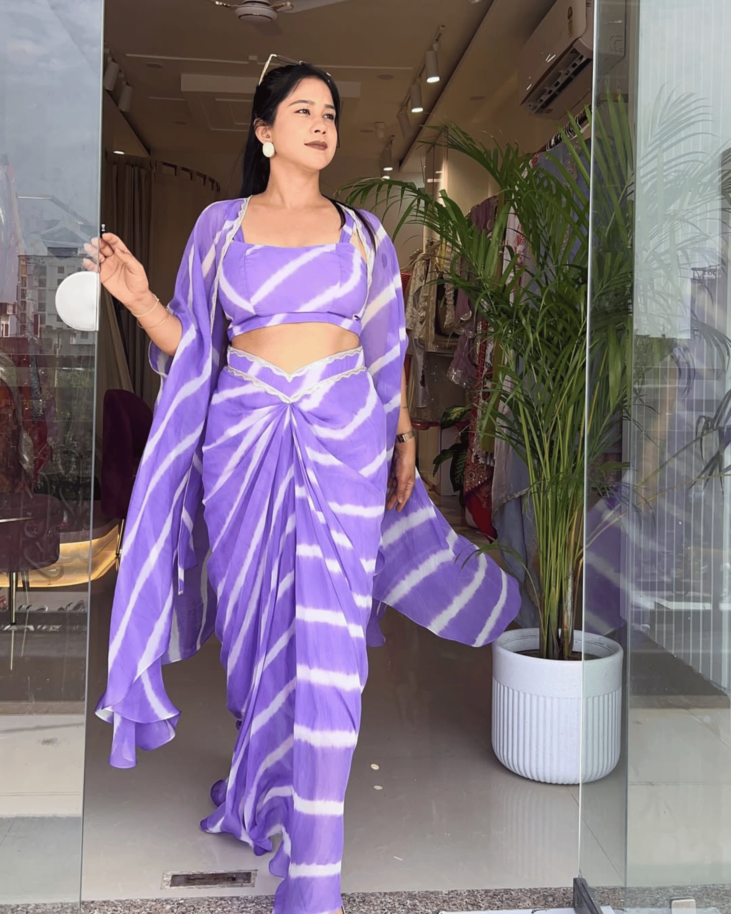 Lavender Leheriya Drape Skirt & Cape