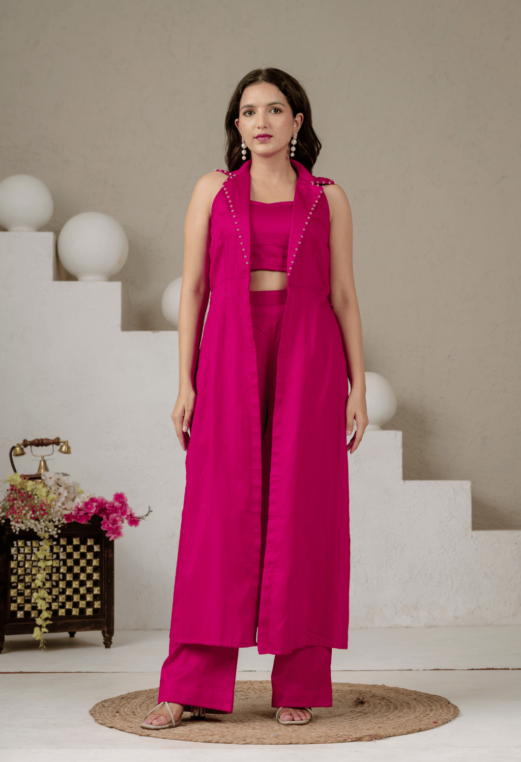 Aura Fuchsia Pink Jaam Cotton Co-Ord Set with Long Blazer, Bustier & Pants