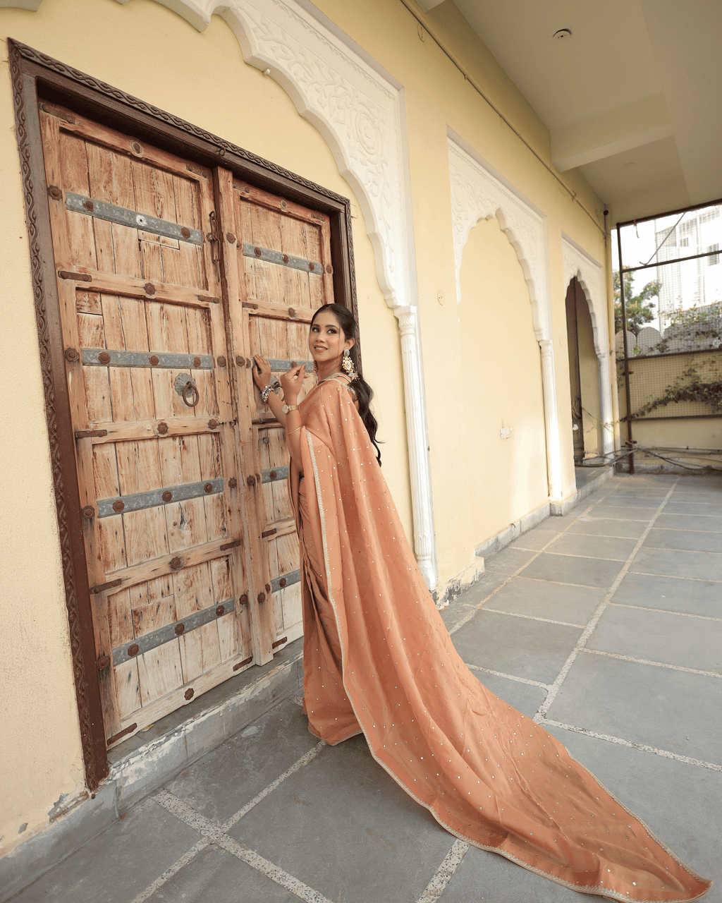 Peach Mukesh Work Cosmo Saree with unstitched blouse piece