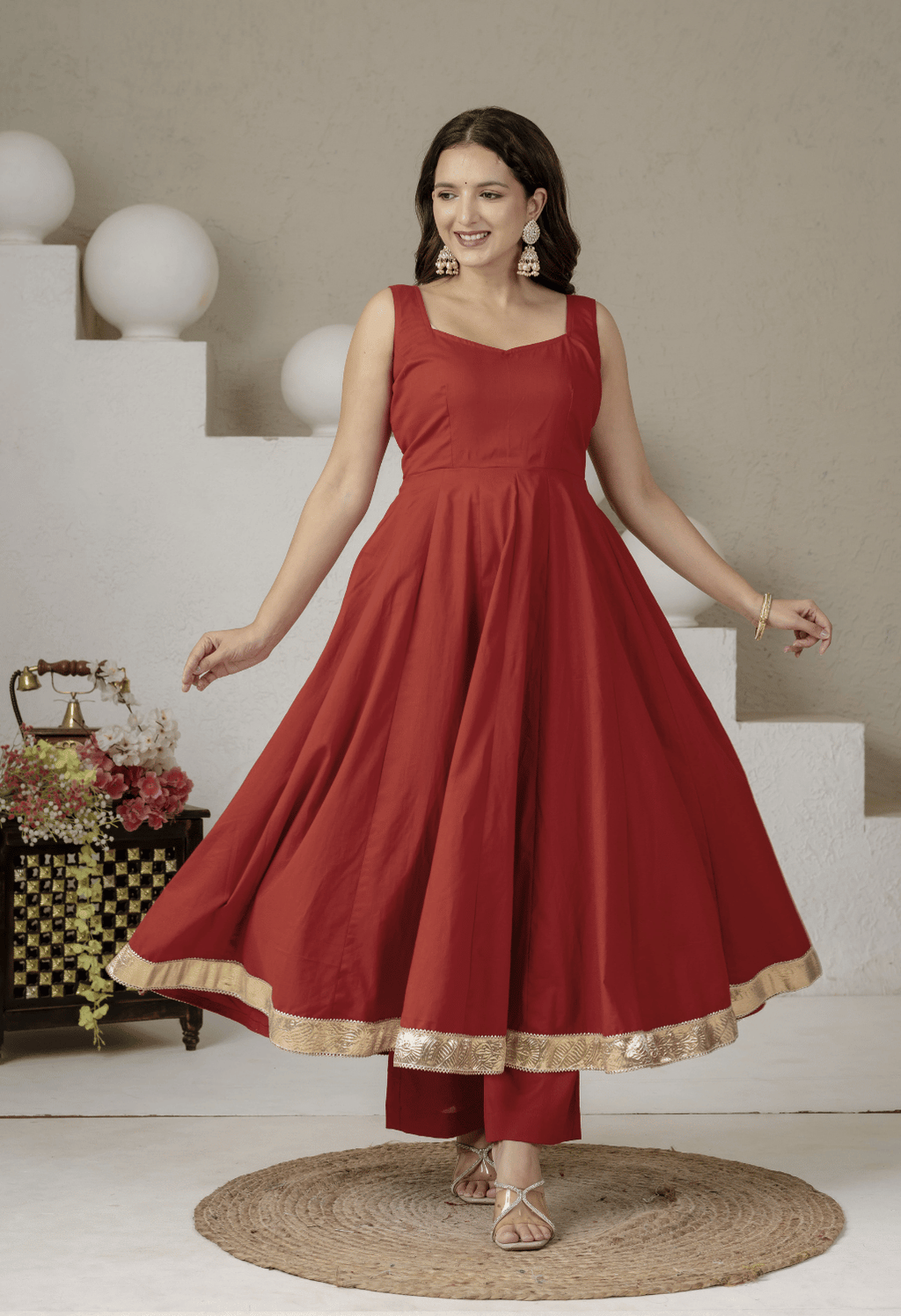Noor Rust Cotton Anarkali Suit Set with Organza Gota Patti Dupatta