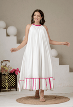 Meher White Pure Mul Cotton Full Flare Halter Neck Dress with Pink Lace Detailing