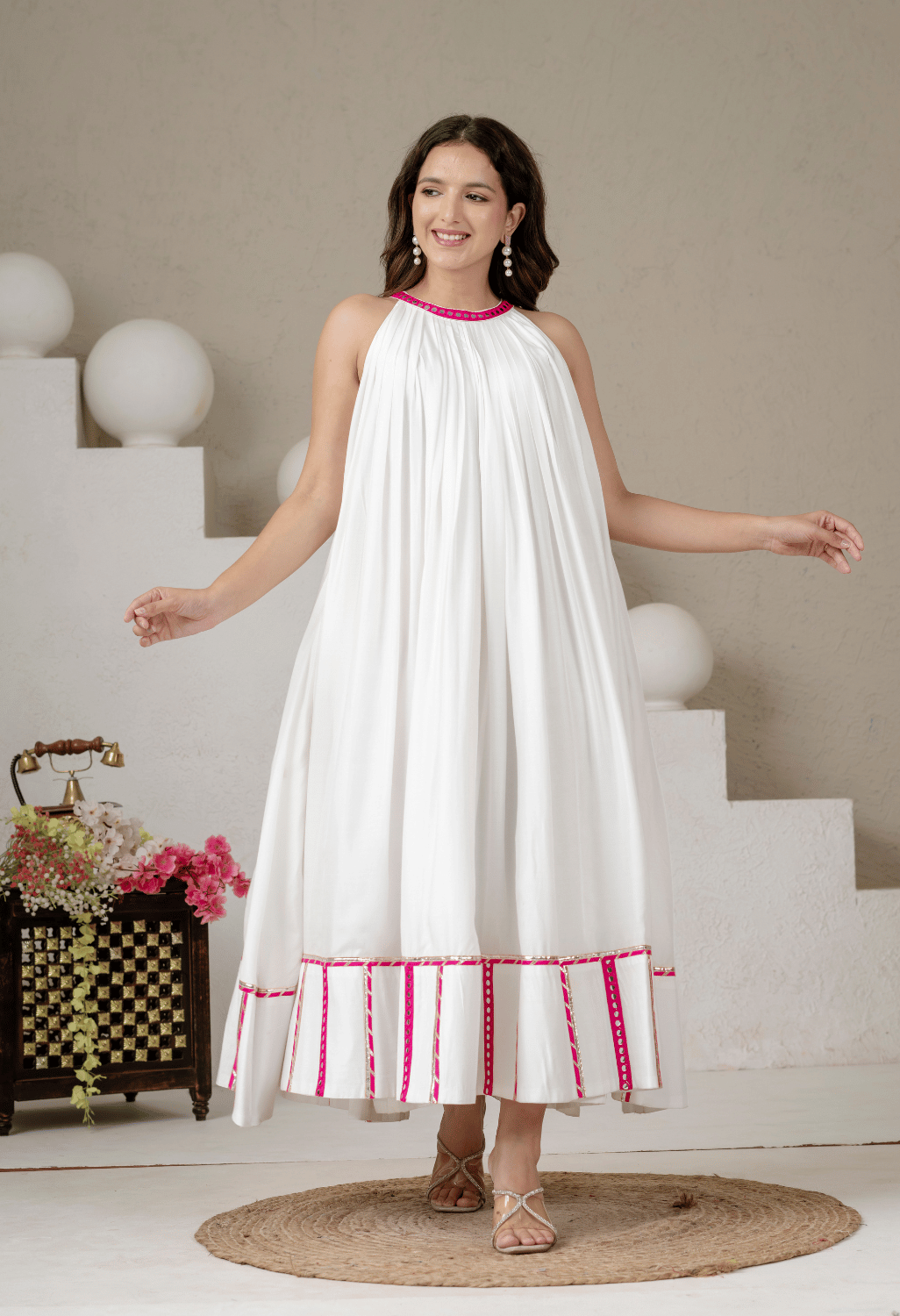Meher White Pure Mul Cotton Full Flare Halter Neck Dress with Pink Lace Detailing