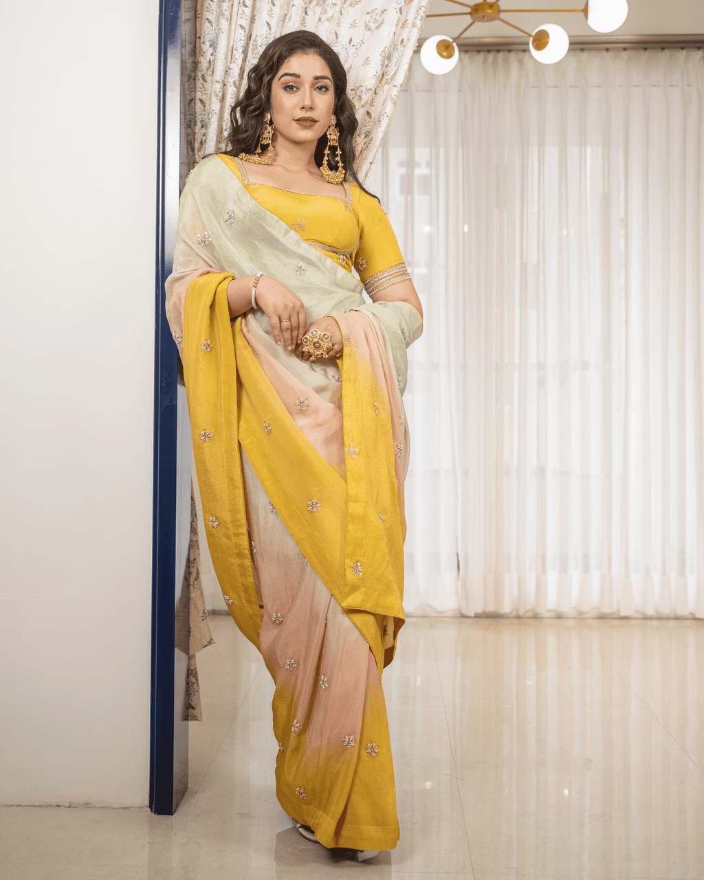 Yellow Shaded Dye Handwork Saree With Padded Stitched Blouse