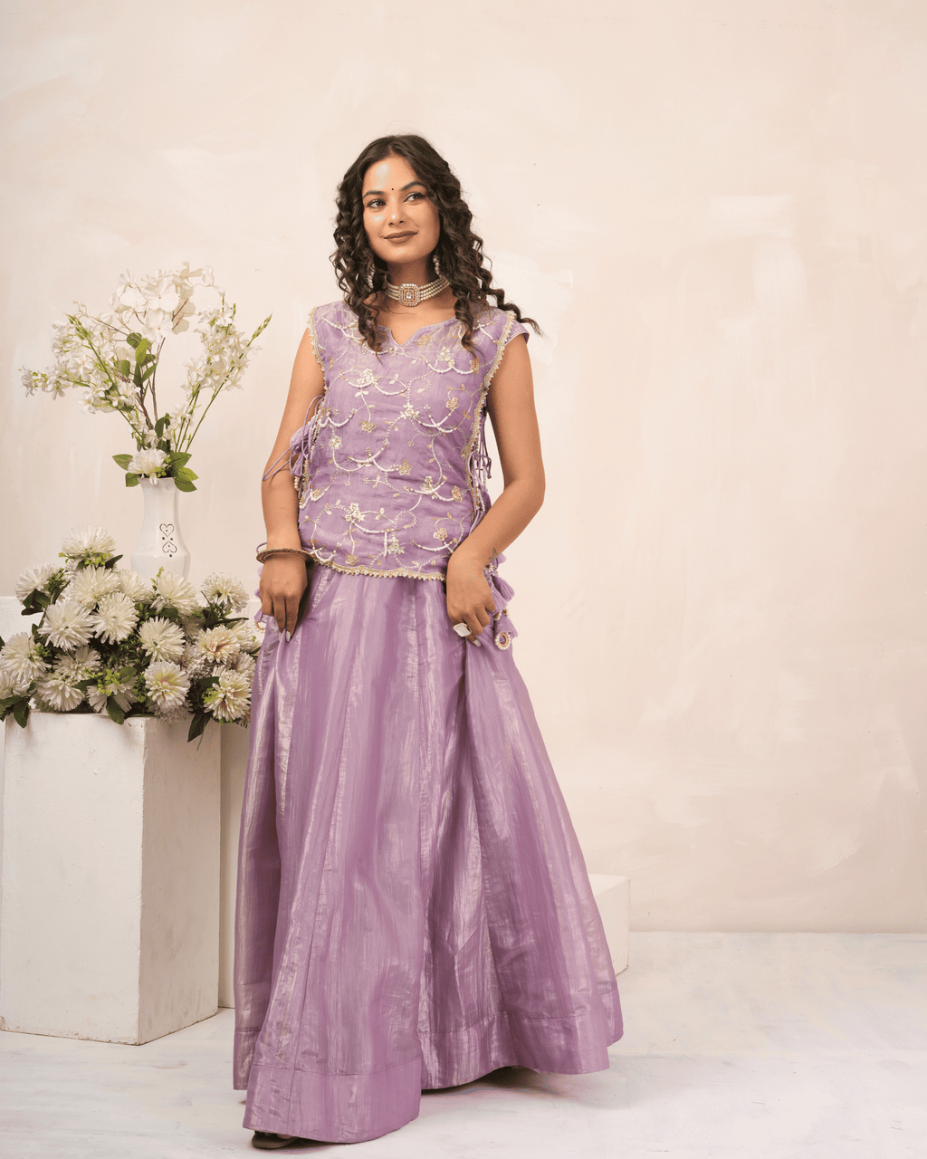 Lavender Mist Crush Lehenga Set With Blouse and Koti
