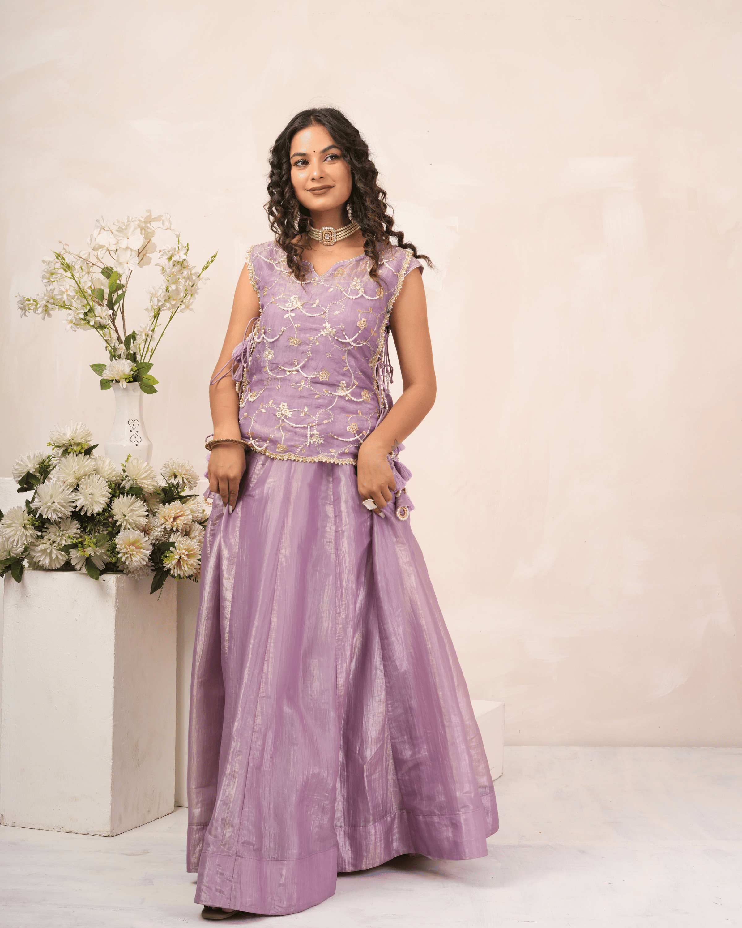 Lavender Mist Crush Lehenga Set With Blouse and Koti