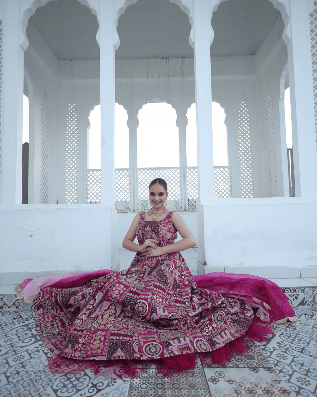 Rani Pink Jhrokha Designer Gown Set