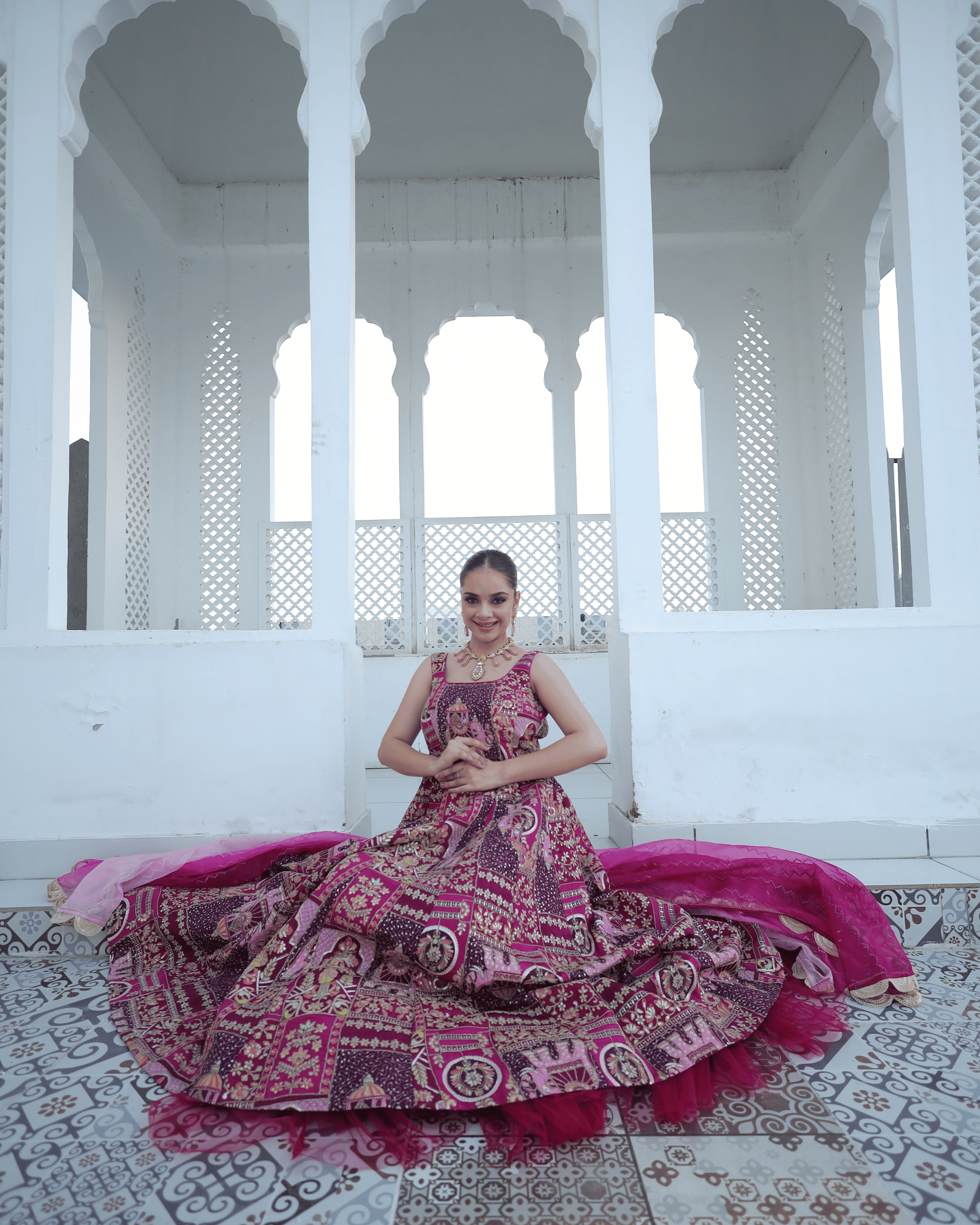 Rani Pink Jhrokha Designer Gown Set