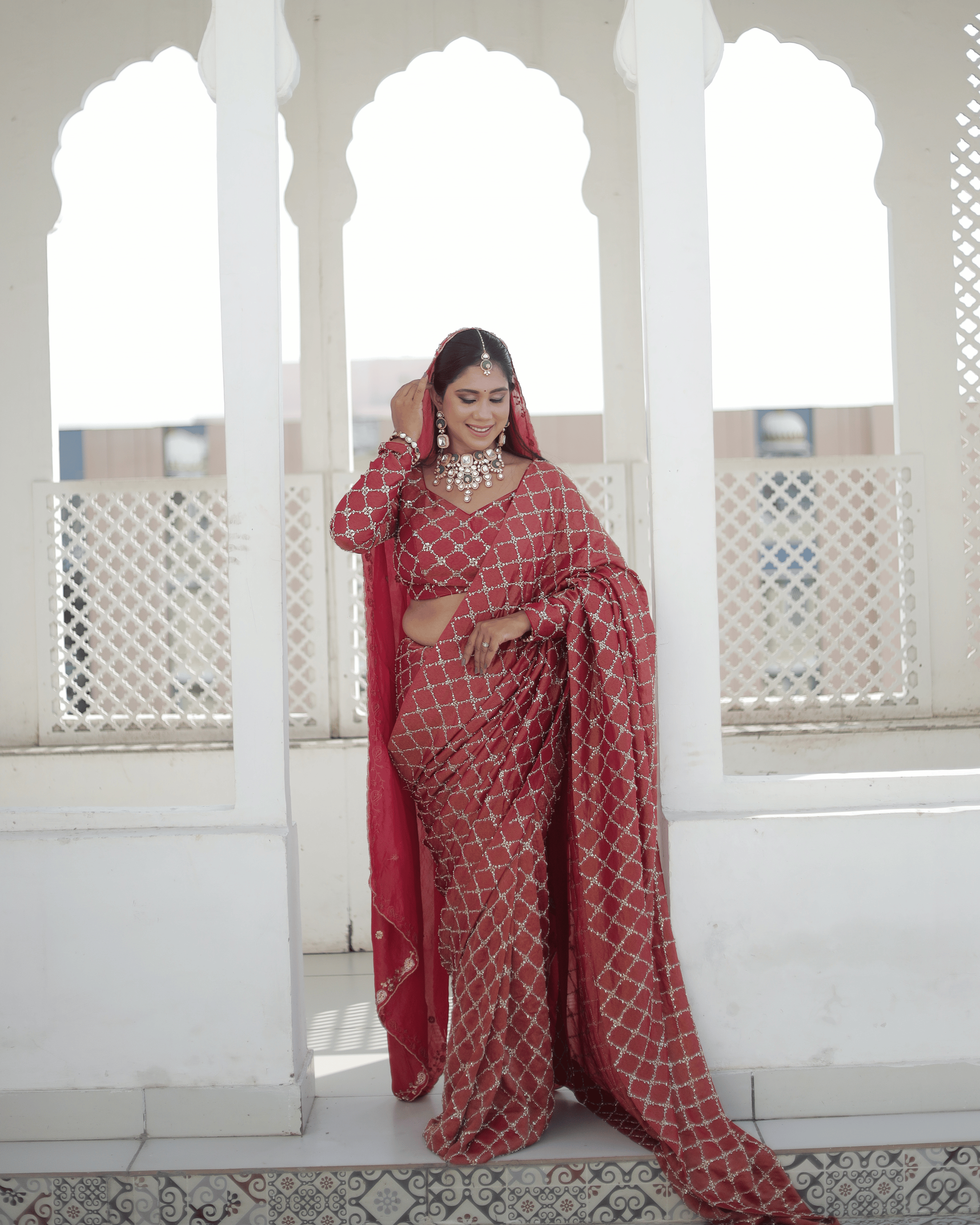Rust Radish Jaal Handwork Saree With Unstitched Blouse Piece