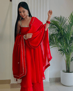 Cherry Red Mirror Lace Anarkali Set