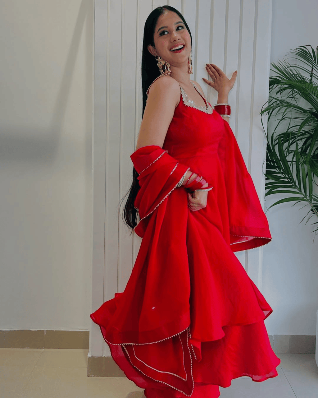 Cherry Red Mirror Lace Anarkali Set