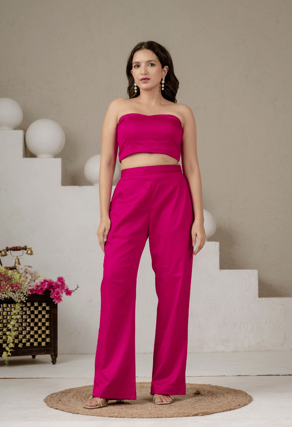 Aura Fuchsia Pink Jaam Cotton Co-Ord Set with Long Blazer, Bustier & Pants