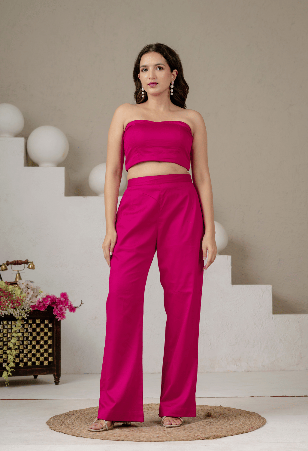 Aura Fuchsia Pink Jaam Cotton Co-Ord Set with Long Blazer, Bustier & Pants