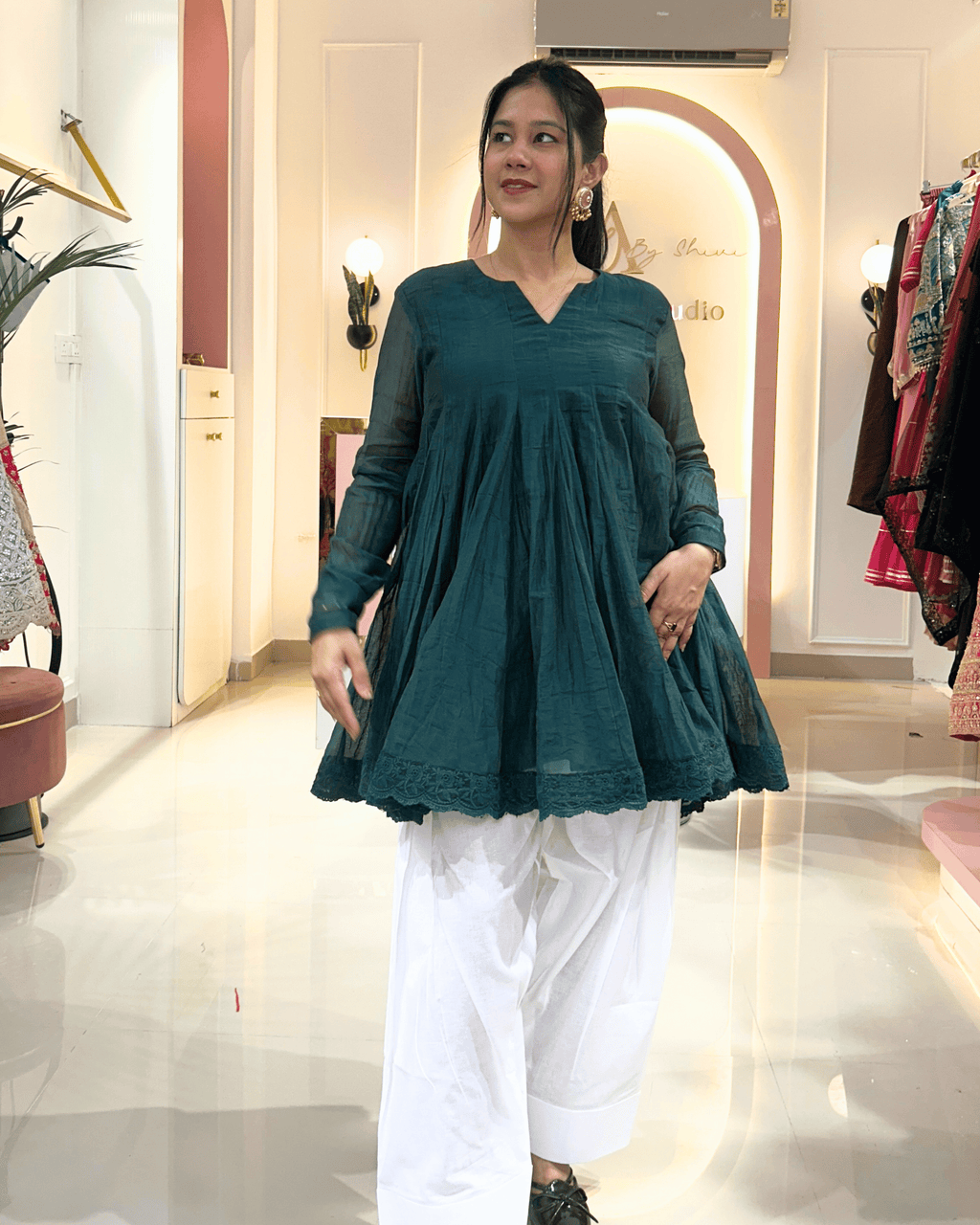 Emerald Green Mul Chanderi Peplum Anarkali Set