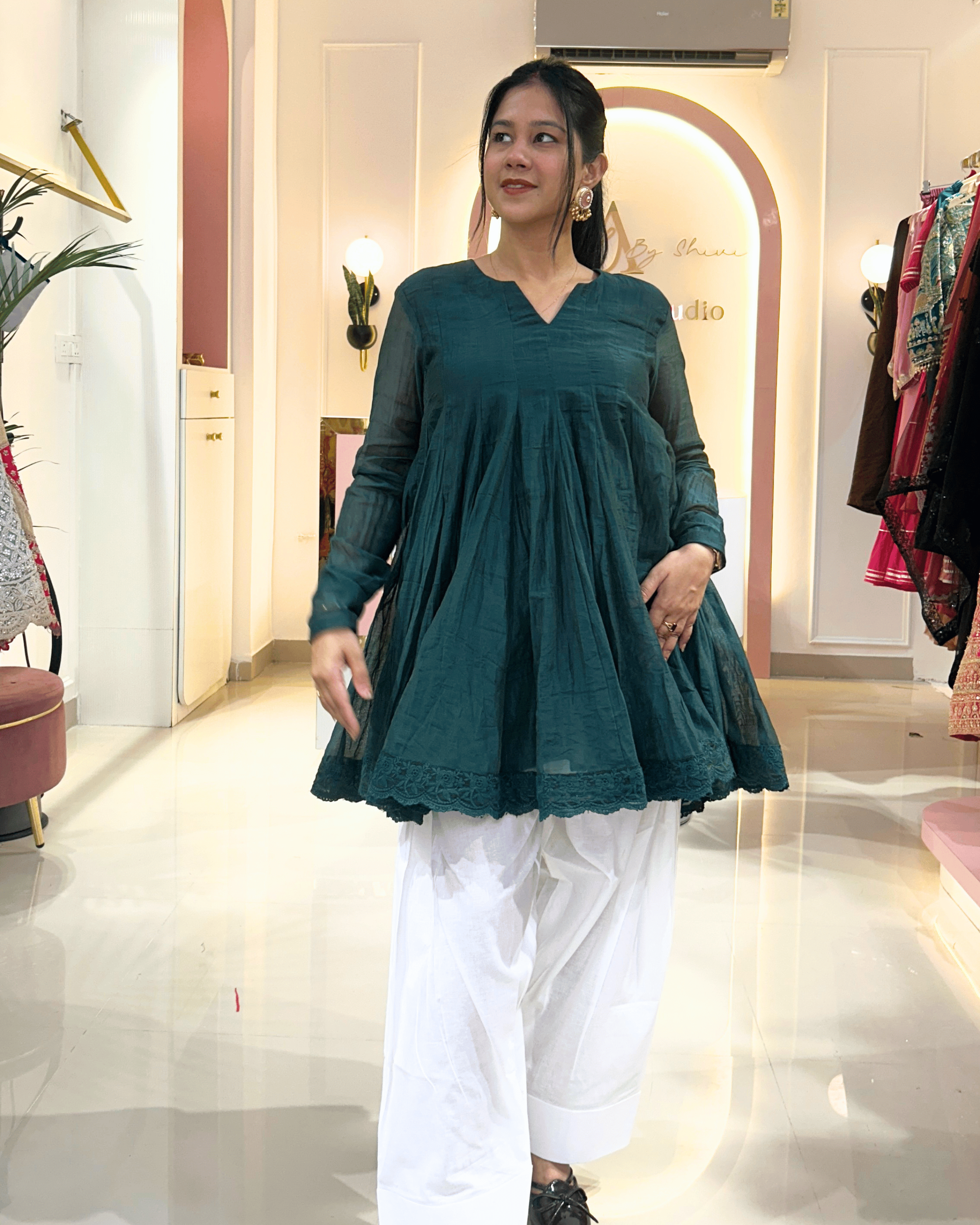 Emerald Green Mul Chanderi Peplum Anarkali Set