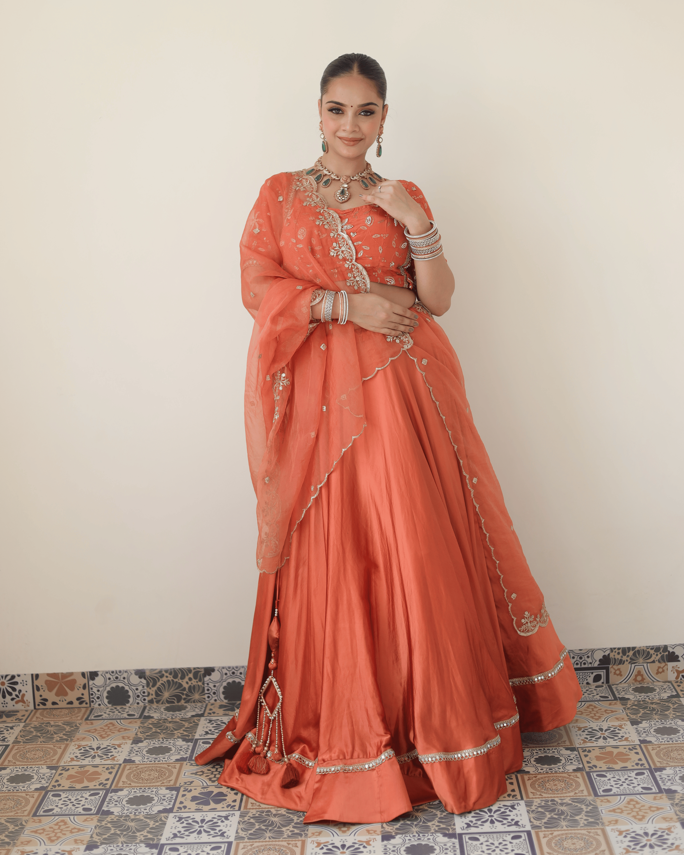 Coral Satin Orange Flare Lehenga