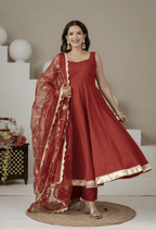Noor Rust Cotton Anarkali Suit Set with Organza Gota Patti Dupatta