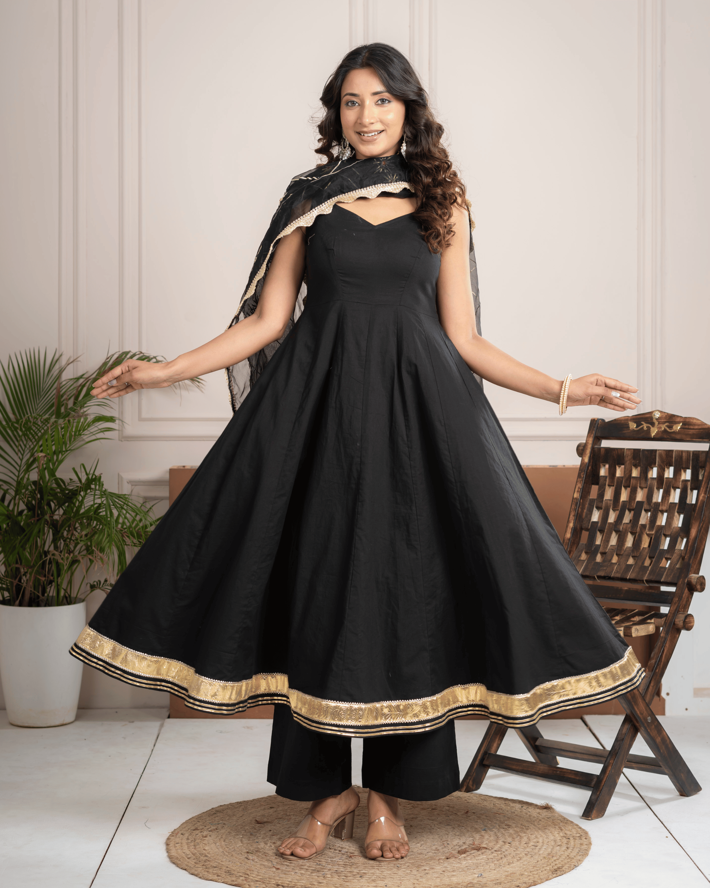 Black Cotton Anarkali Set With Organza Gota Dupatta