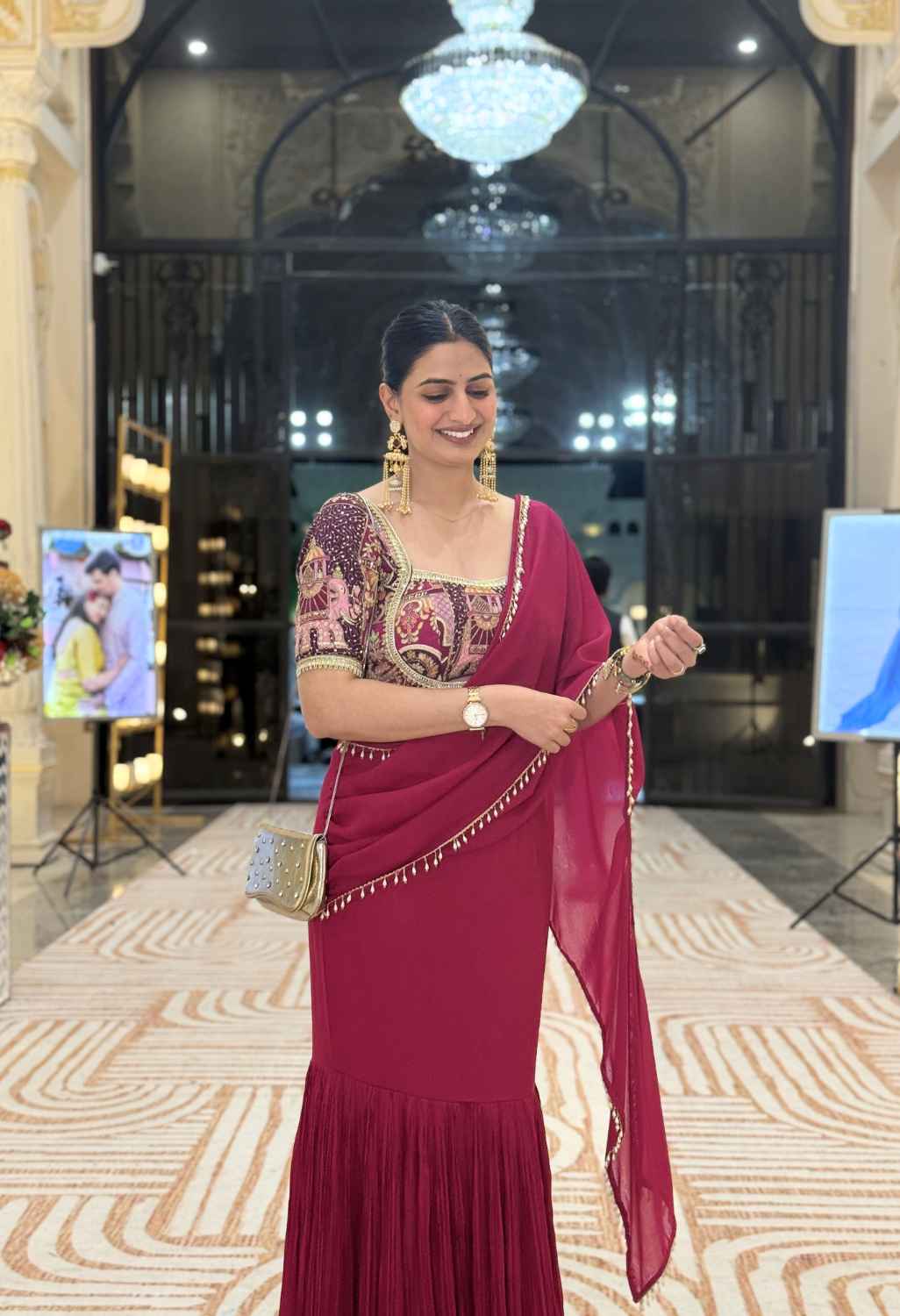 Magenta Designer Jharokha Pattern Blouse with Star Georgette Fish Cut Skirt & Drape Dupatta