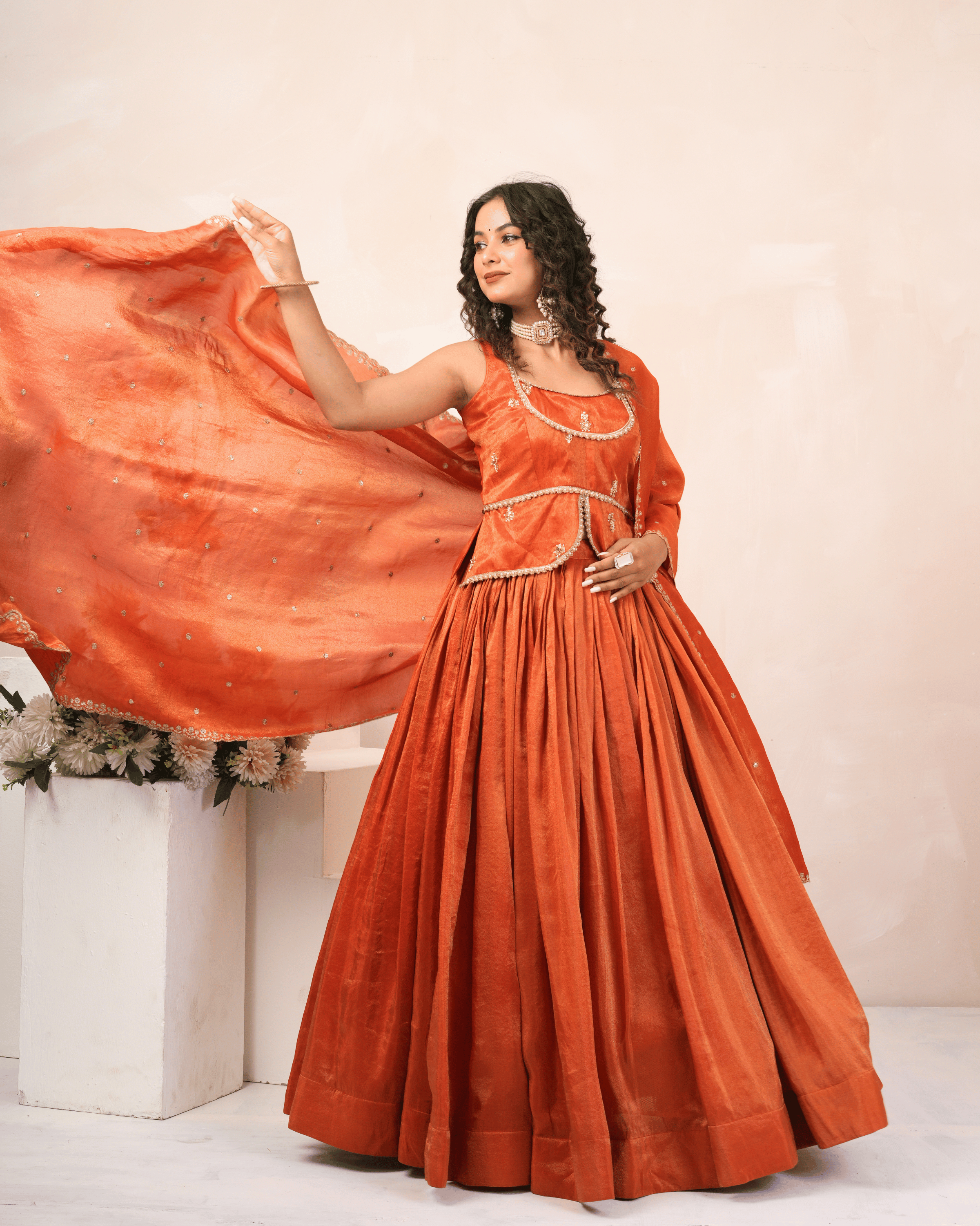 Burnt Orange Cosmo Tissue Lehenga Set