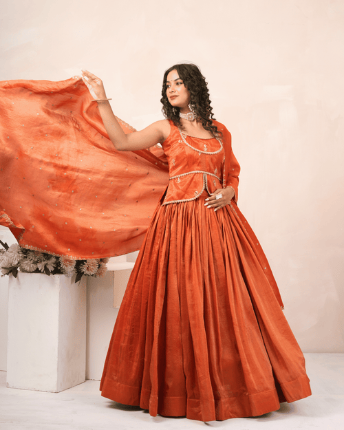 Burnt Orange Cosmo Tissue Lehenga Set