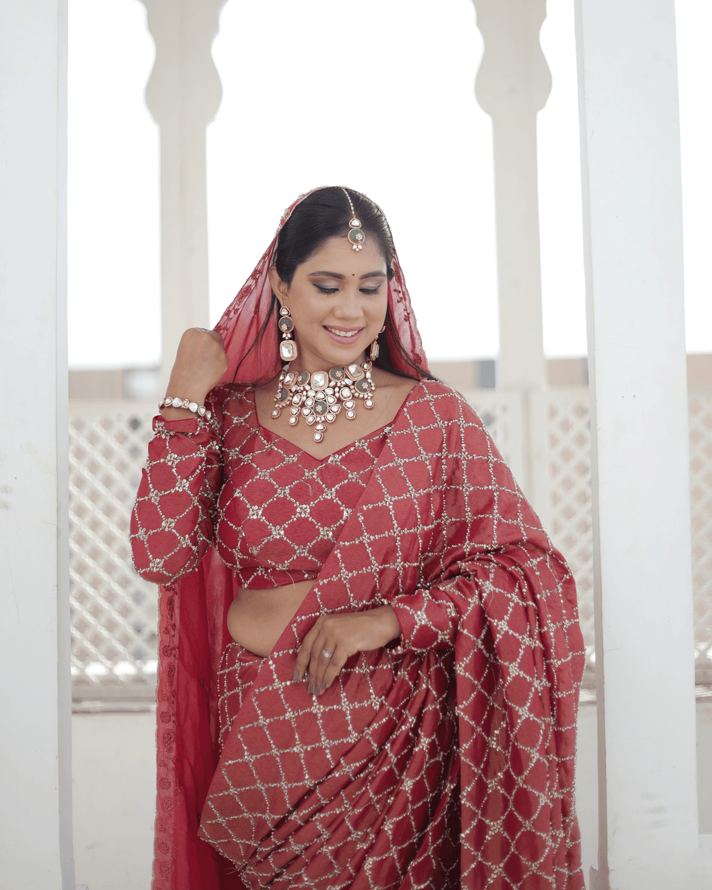 Rust Radish Jaal Handwork Saree With Unstitched Blouse Piece