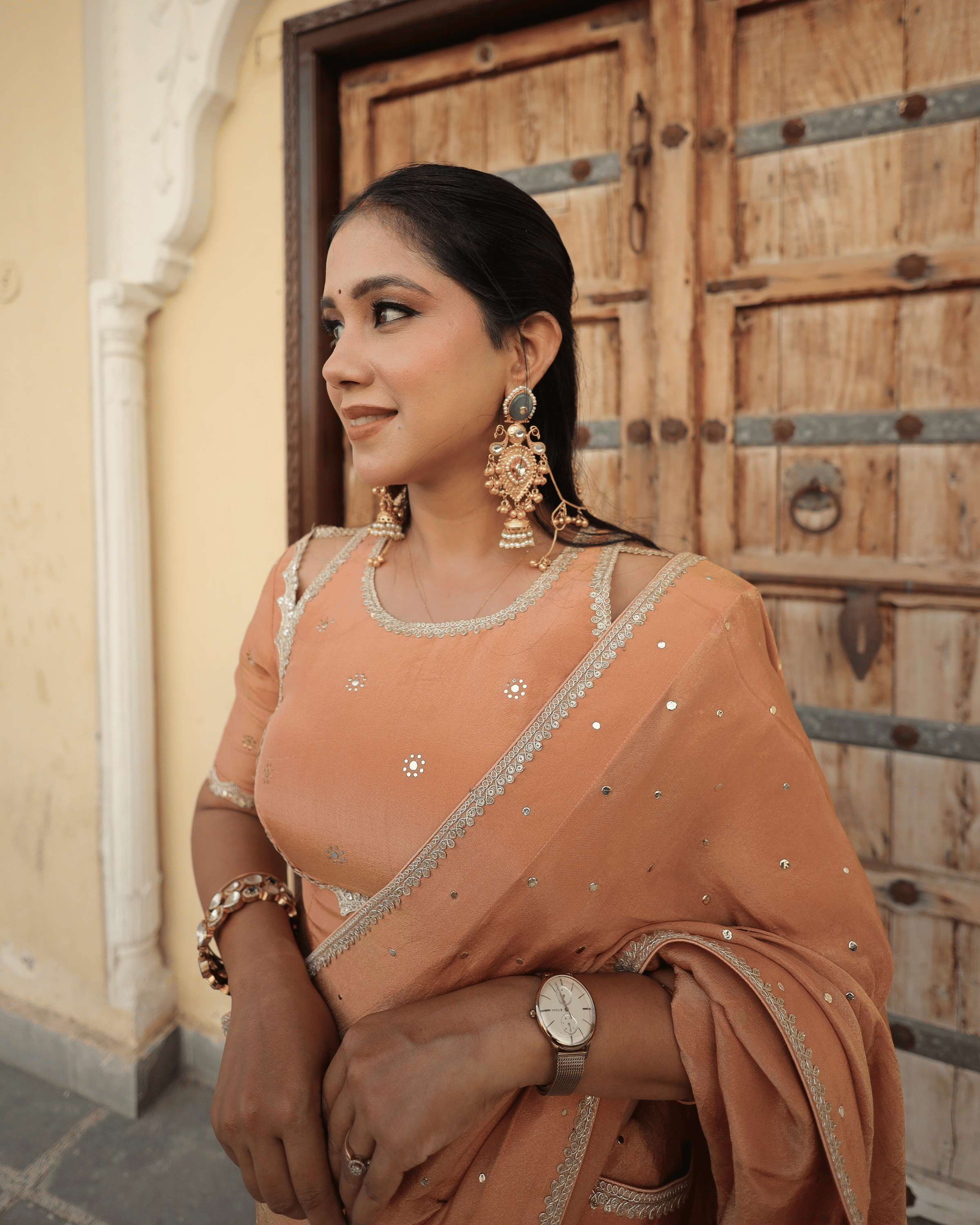 Peach Mukesh Work Cosmo Saree with unstitched blouse piece