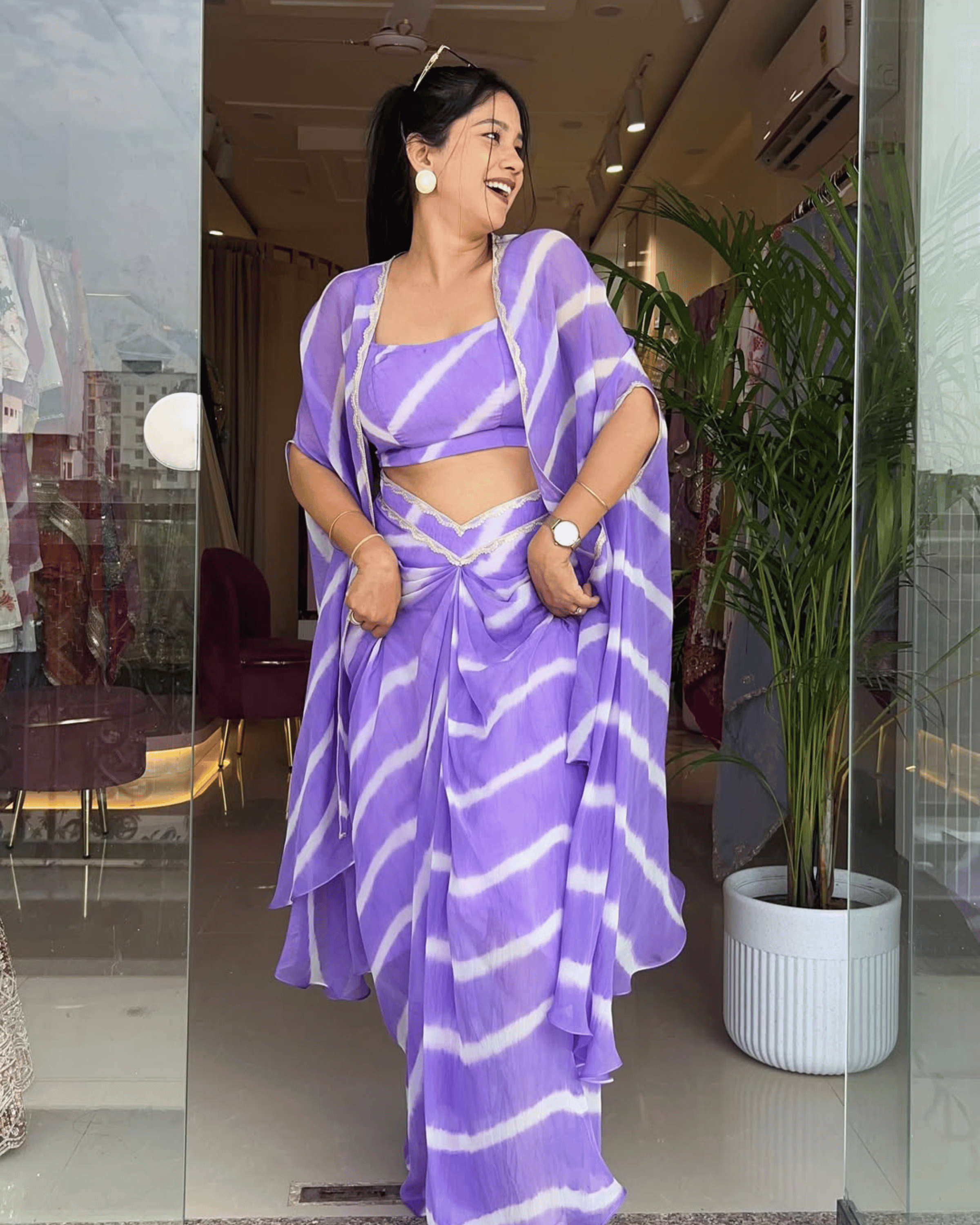 Lavender Leheriya Drape Skirt & Cape