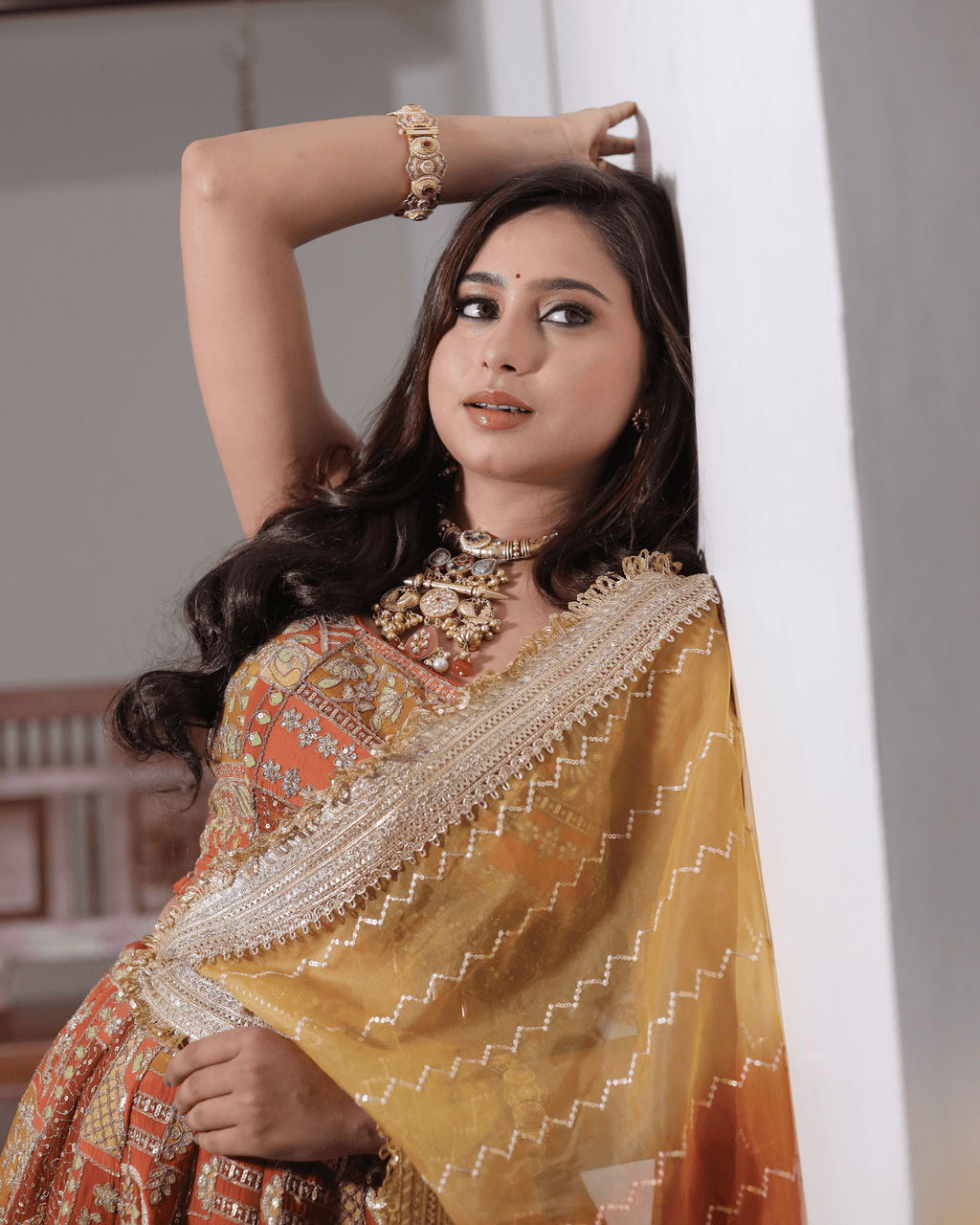 Orange Jhrokha Pattern Lehenga