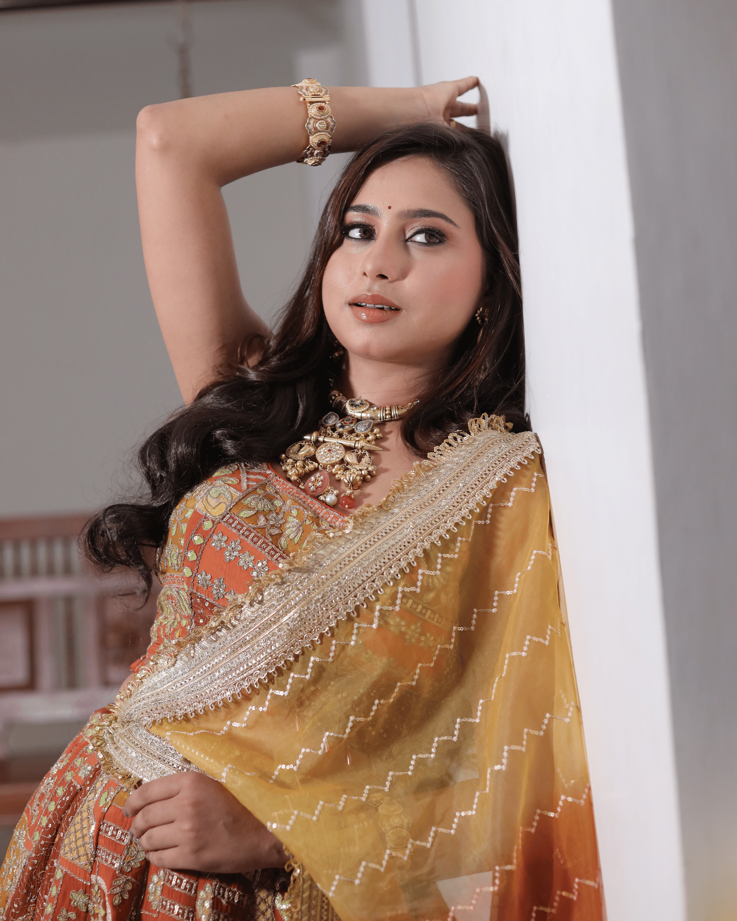 Orange Jhrokha Pattern Lehenga