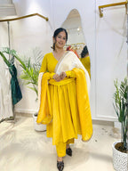 Sunshine Yellow Cotton Suit Set with Shaded Organza Dupatta