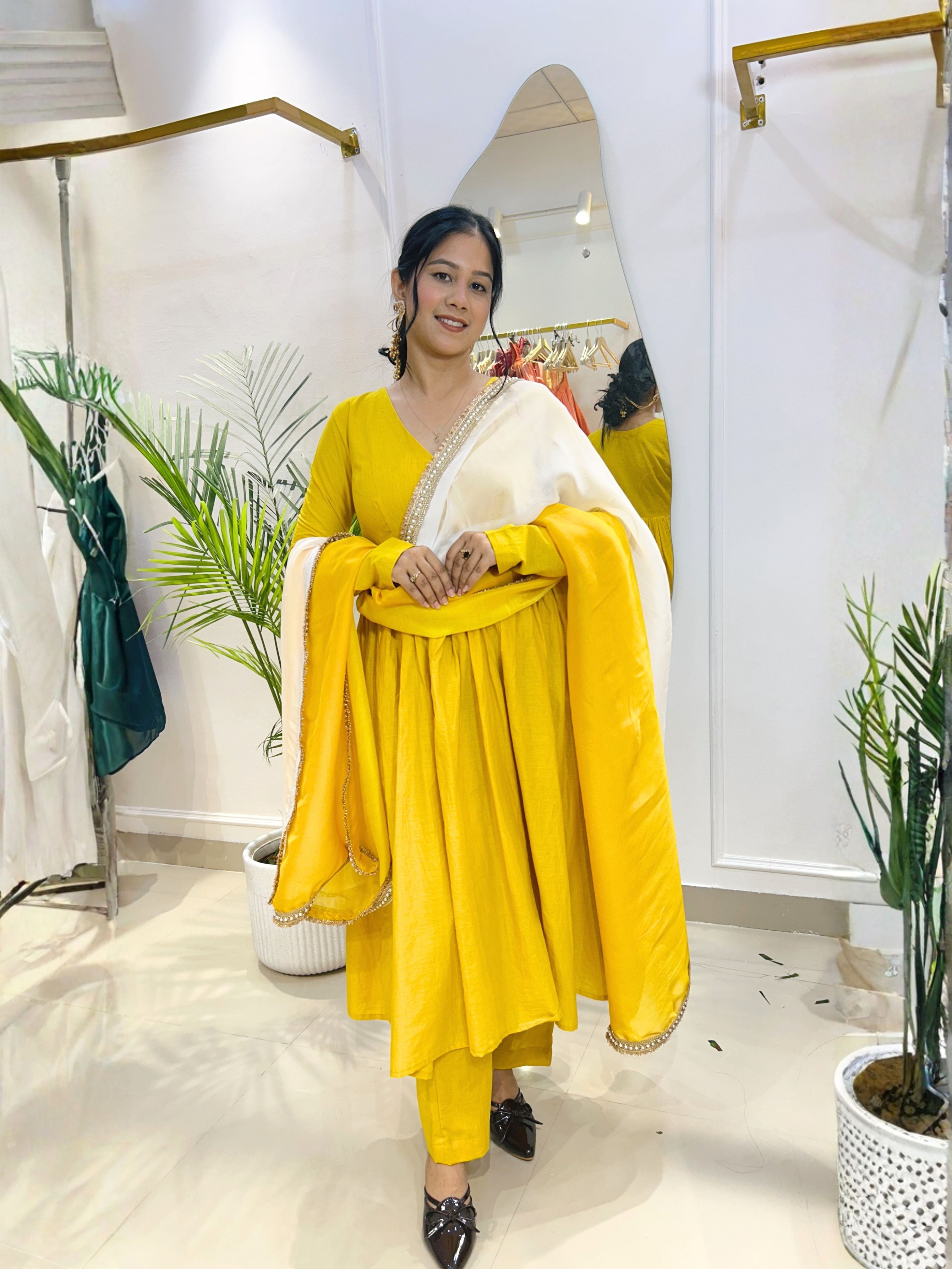 Sunshine Yellow Cotton Suit Set with Shaded Organza Dupatta