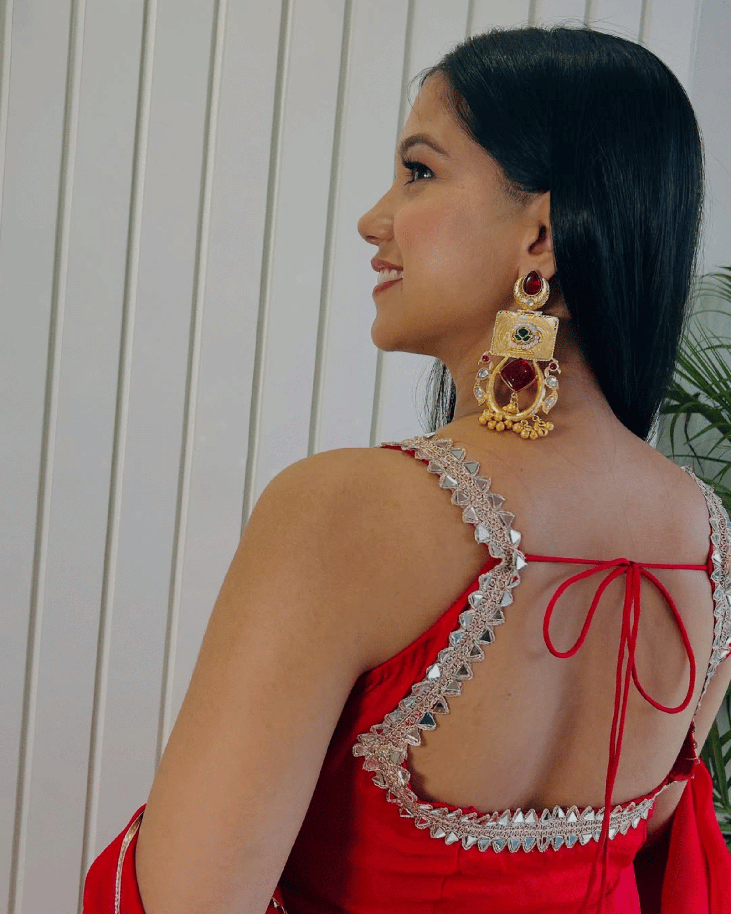 Cherry Red Mirror Lace Anarkali Set