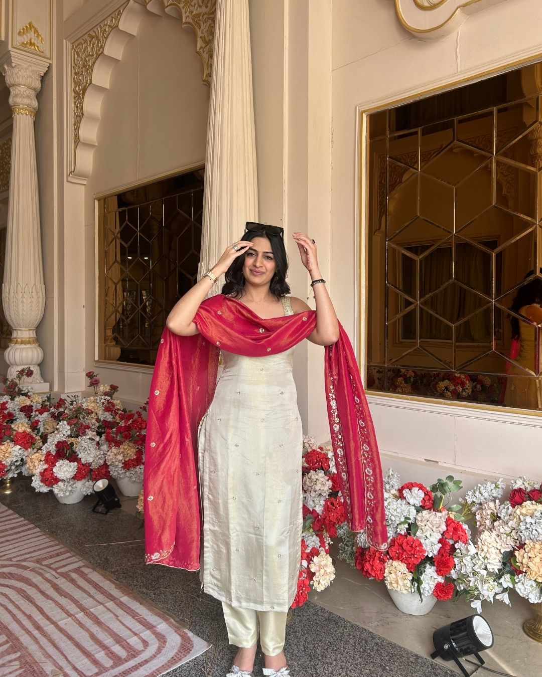 Ivory Cosmo Tissue Handwork Buti Kurta Set with Contrast Tissue Dupatta