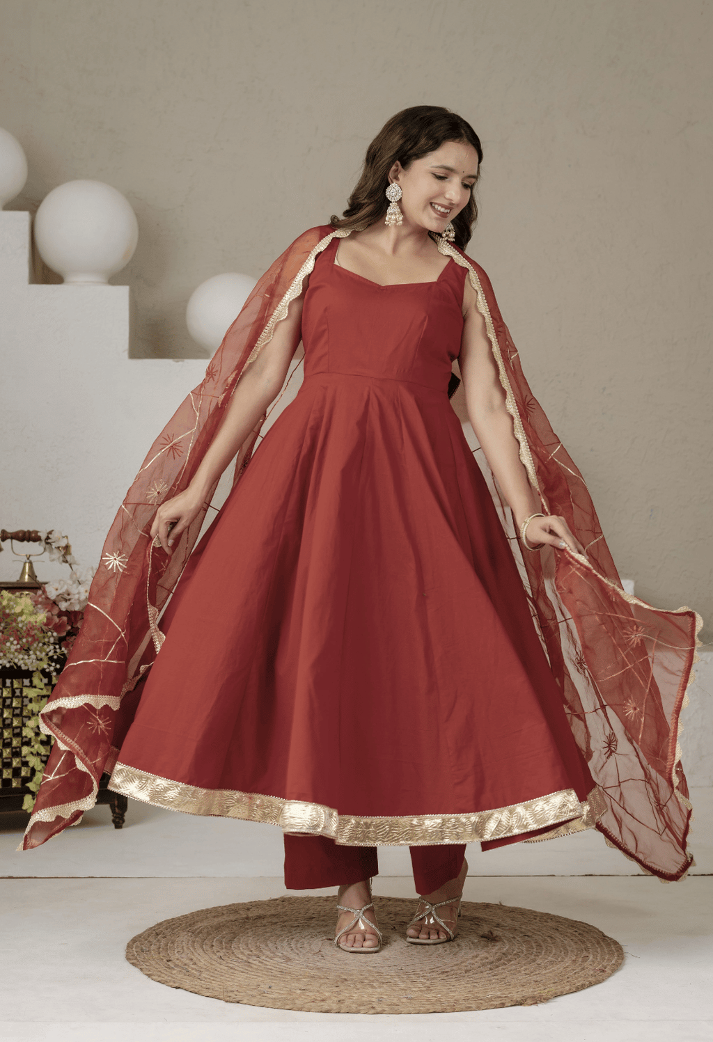Noor Rust Cotton Anarkali Suit Set with Organza Gota Patti Dupatta