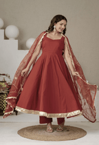 Noor Rust Cotton Anarkali Suit Set with Organza Gota Patti Dupatta