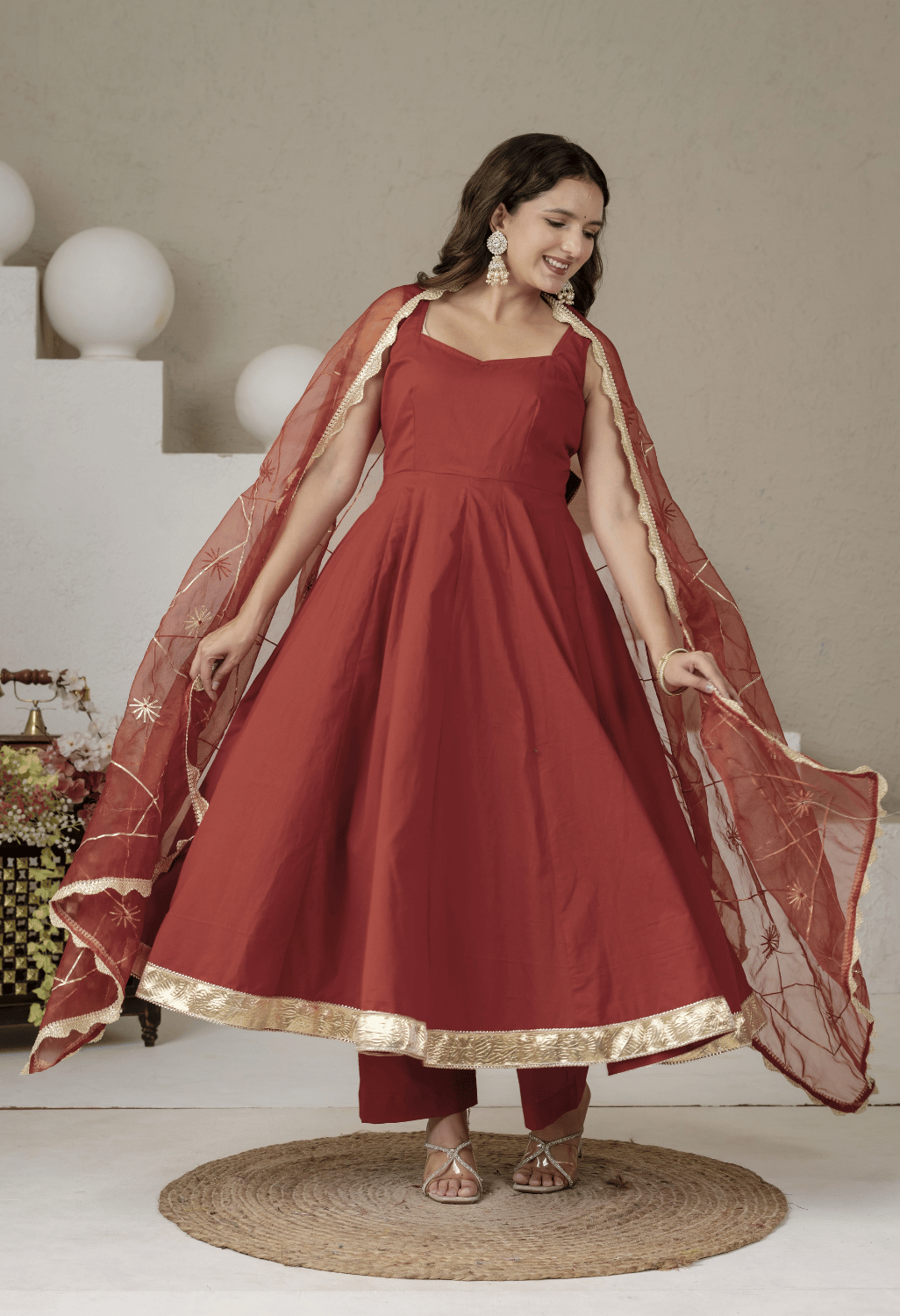 Noor Rust Cotton Anarkali Suit Set with Organza Gota Patti Dupatta