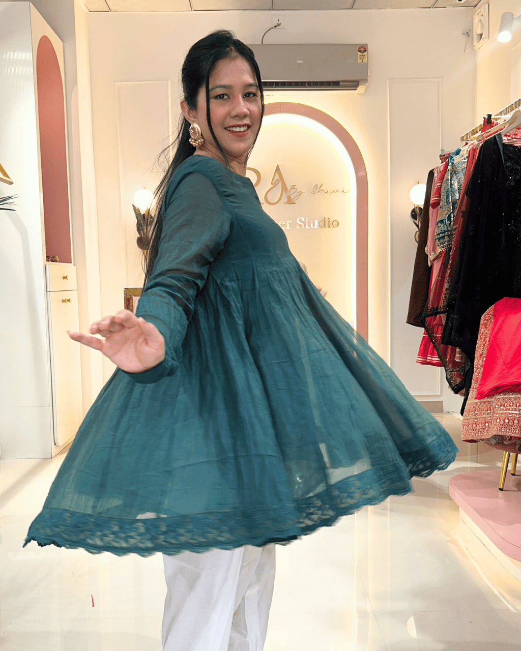 Emerald Green Mul Chanderi Peplum Anarkali Set