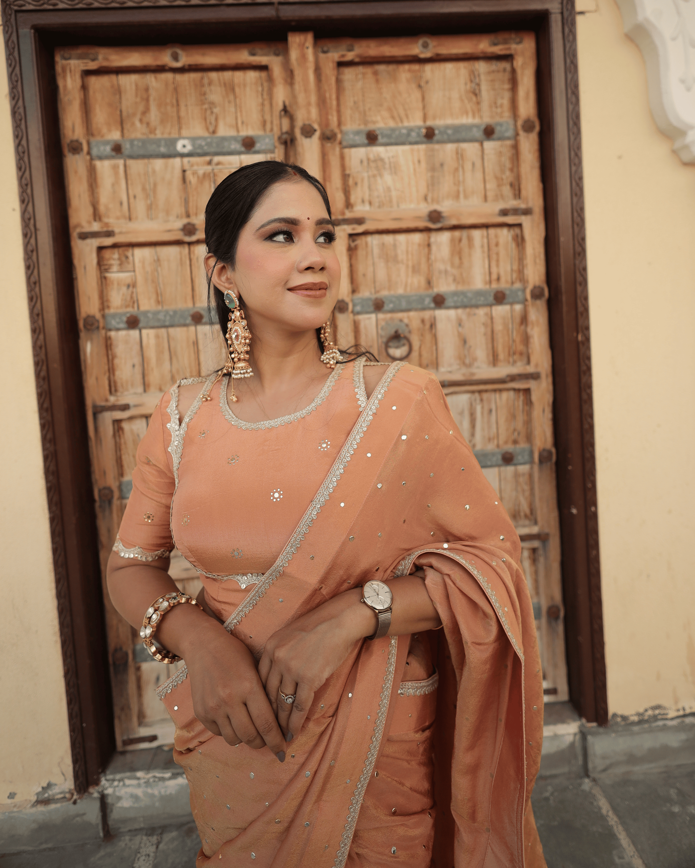 Peach Mukesh Work Cosmo Saree with unstitched blouse piece