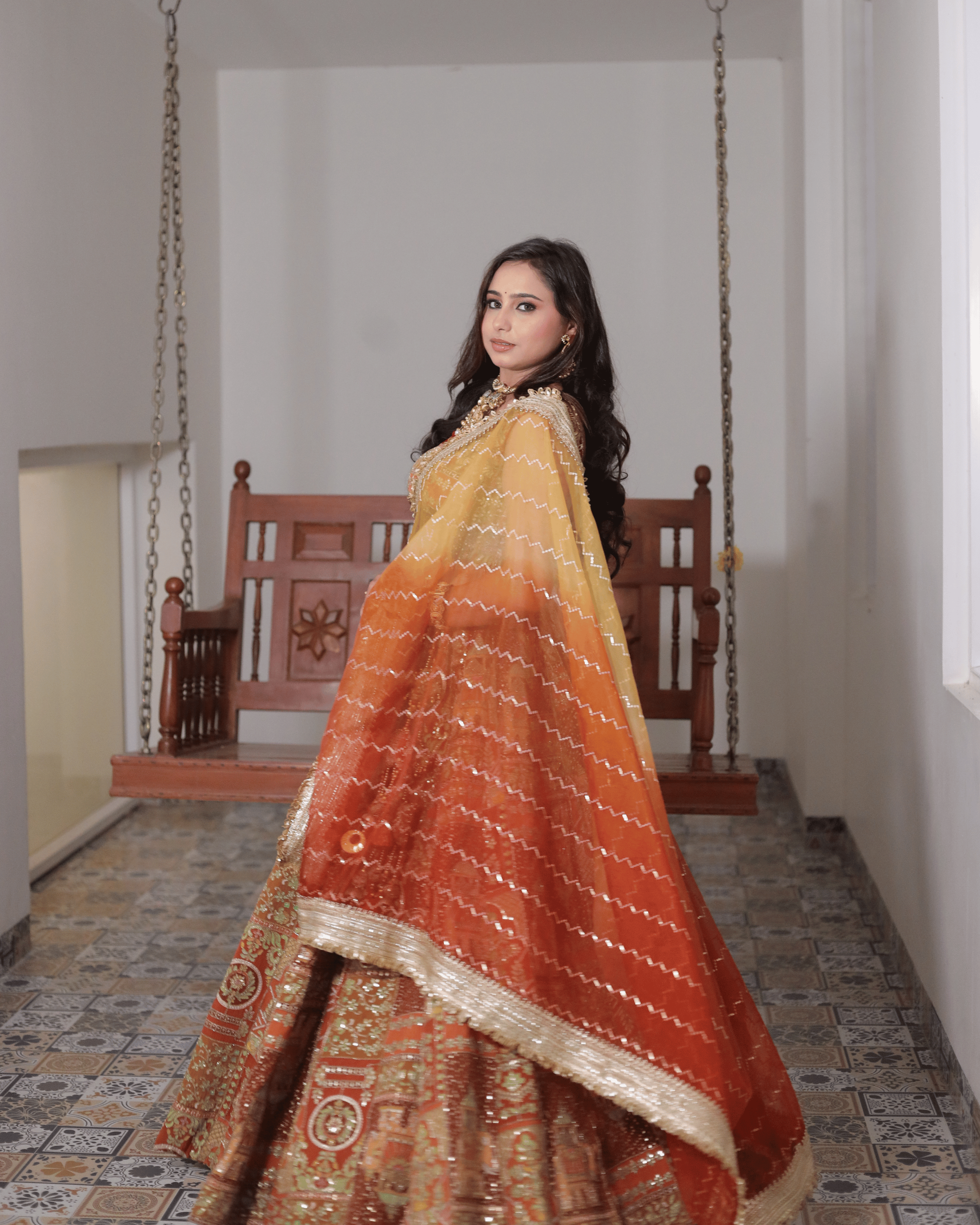 Orange Jhrokha Pattern Lehenga