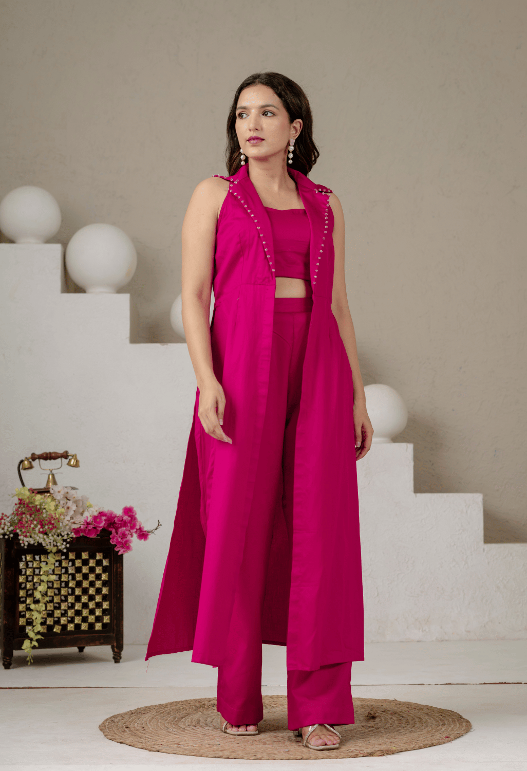 Aura Fuchsia Pink Jaam Cotton Co-Ord Set with Long Blazer, Bustier & Pants
