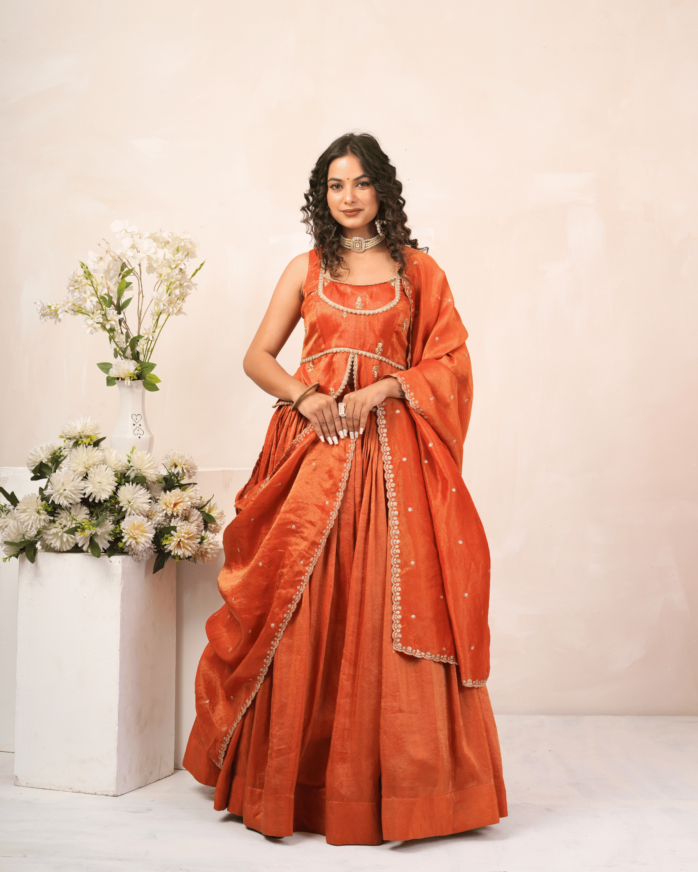 Burnt Orange Cosmo Tissue Lehenga Set