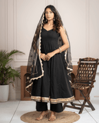 Black Cotton Anarkali Set With Organza Gota Dupatta
