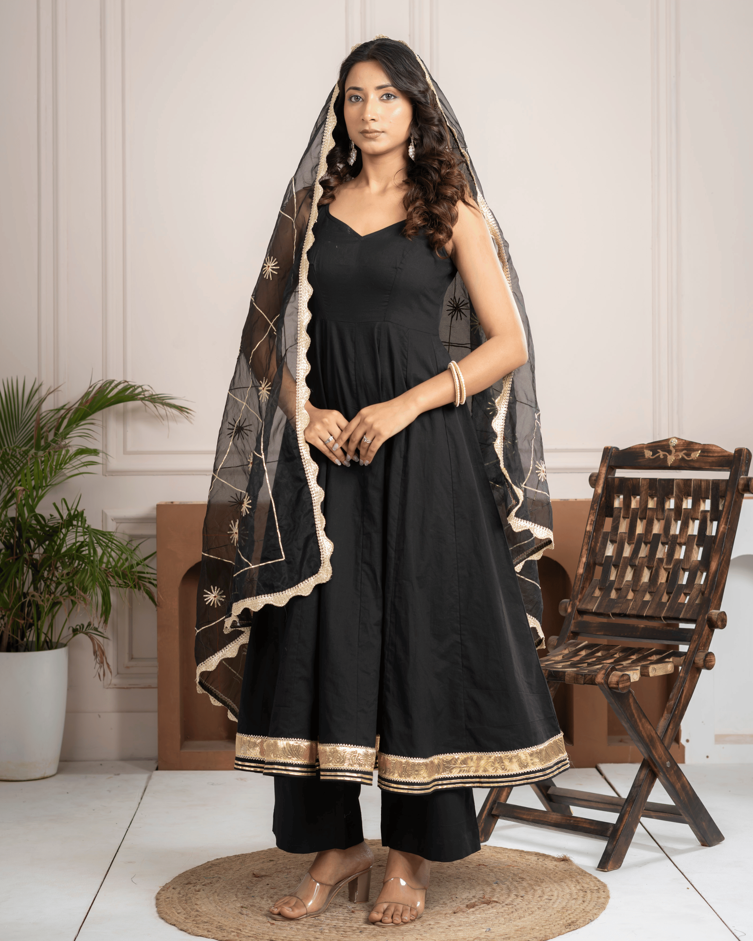 Black Cotton Anarkali Set With Organza Gota Dupatta