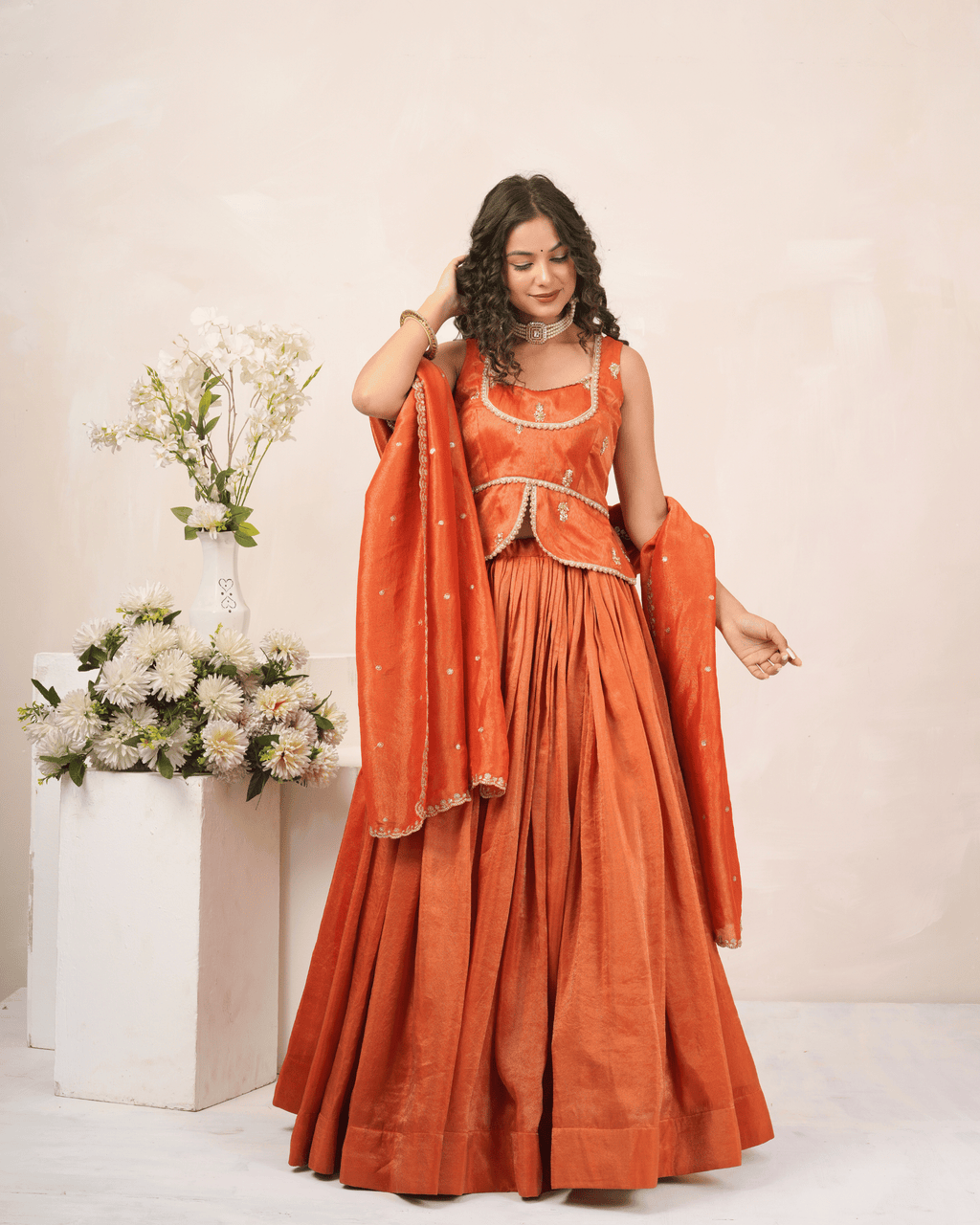 Burnt Orange Cosmo Tissue Lehenga Set