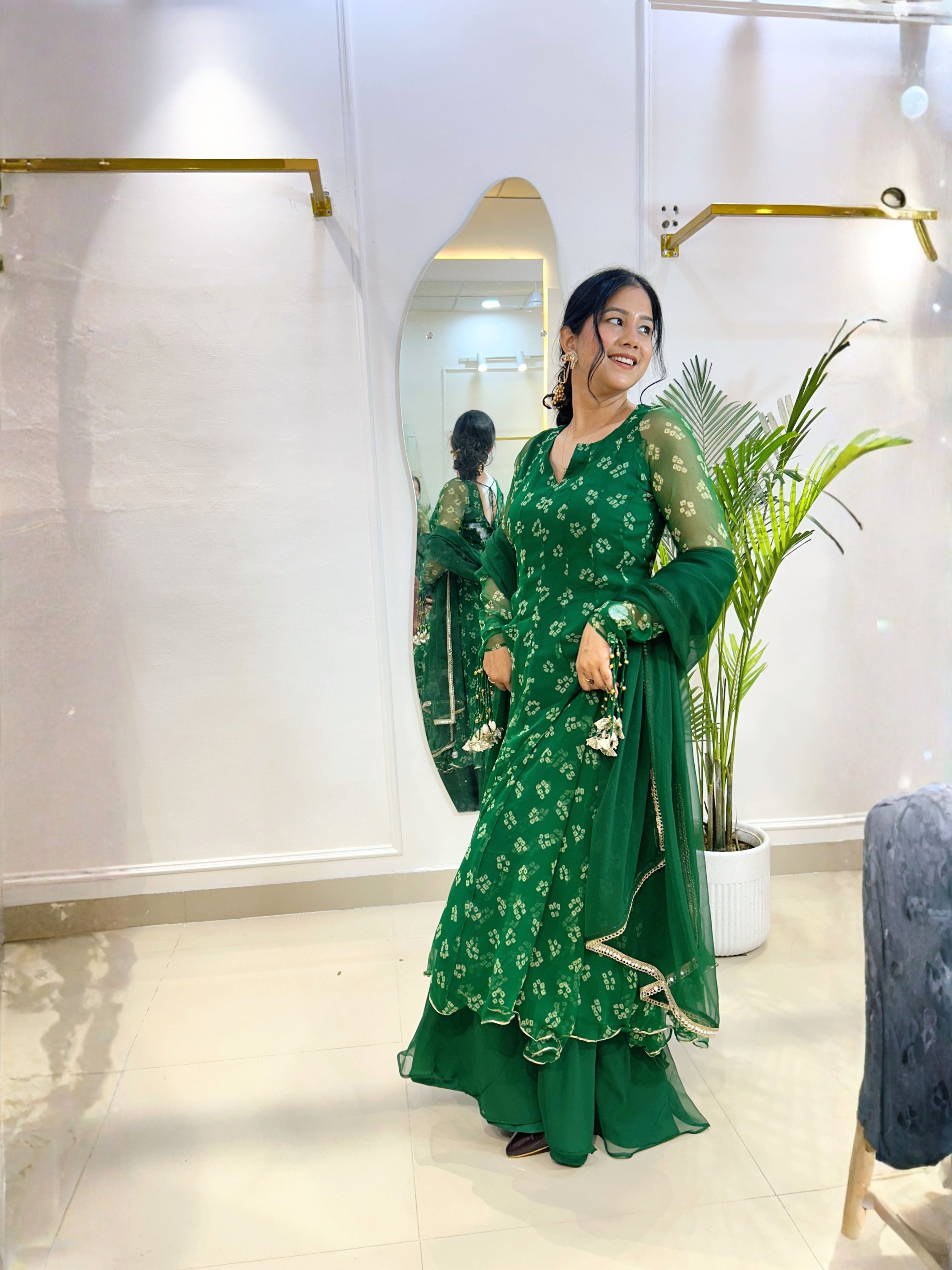 Emerald Bandhej Chiffon Georgette Suit Set with Umbrella Flare Palazzo