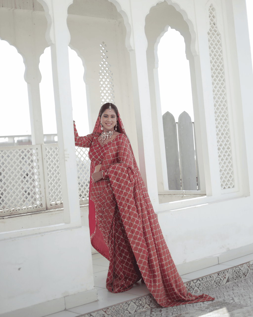 Rust Radish Jaal Handwork Saree With Unstitched Blouse Piece